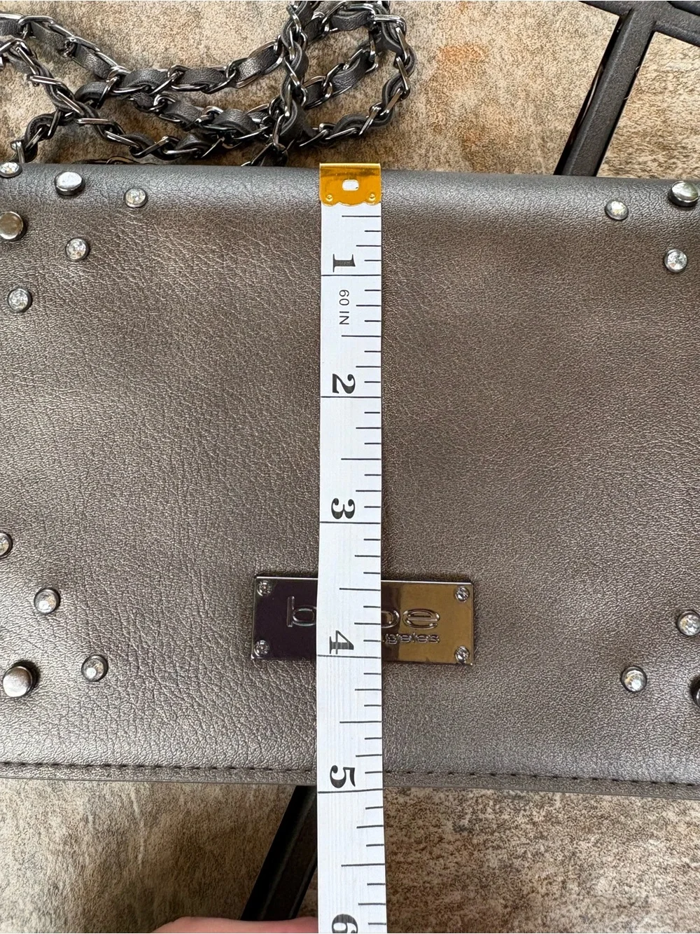 bebe Metallic Gunmetal Gray Studded Crossbody Bag